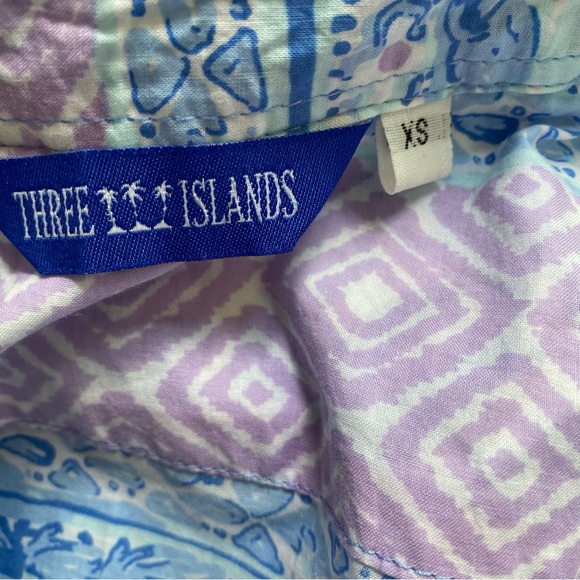 THREE ISLANDS DRESS SHIFT BUTTON FRONT LONG SLEEVE BLUE WHITE PURPLE SIZE XS - Picture 8 of 10